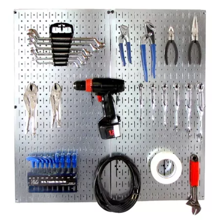 Wall control 32 in x 32 in Industrial Metal Pegboard Tool Organizer Starter Kit Galvanized Steel/Black Pegboards