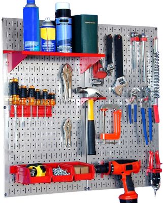 Wall Control 32 in. x 32 in. Industrial Metal Pegboard Utility Tool Storage Kit, Galvanized Steel/Red