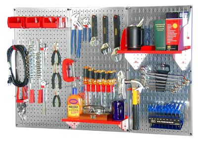 Wall Control 32 in. x 48 in. Industrial Metal Pegboard Standard Tool Storage Kit, Galvanized Steel/Red