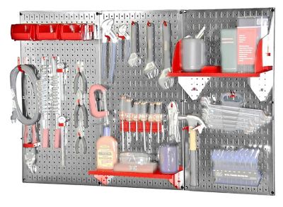 Image showing  32 in. x 48 in. Industrial Metal Pegboard Standard Tool Storage Kit, Galvanized Steel/Red