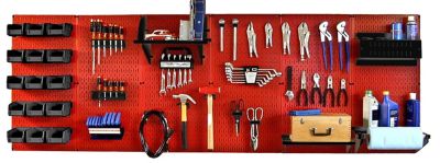 Wall Control 32 in. x 96 in. Industrial Metal Pegboard Master Workbench Kit, Red/Black