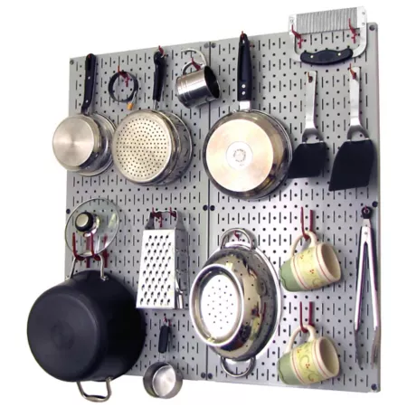 Industrial Metal Kitchen Organizer Kit with Pegboard 32" x 32" Grey/Red Pegboards