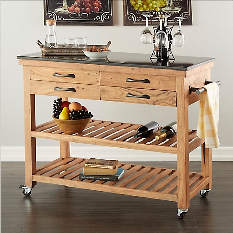 Harper & Willow Brown Wood Rolling 4 Drawers and 2 Shelves Kitchen Cart with Handle 46" x 21" x 36"