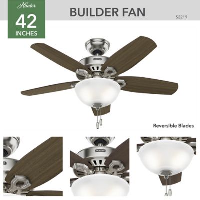 Image showing 5 th Hunter 42 in. 3-Speed Indoor Builder Ceiling Fan with LED Light Kit and Pull Chain, Brushed Nickel