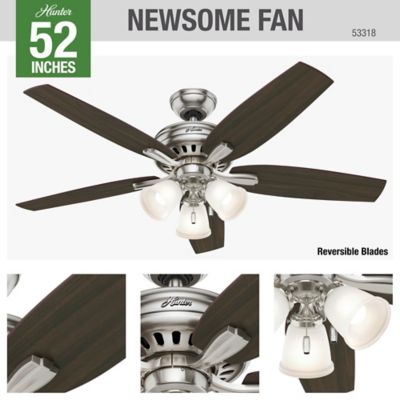 Image showing 6 th Hunter 52 in. 3-Speed Indoor Newsome Ceiling Fan with LED Light Kit and Pull Chain, Brushed Nickel, 53317