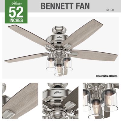 Image showing 6 th Hunter 52 in. 3-Speed Indoor Bennett Ceiling Fan with LED Light Kit and Handheld Remote, Brushed Nickel