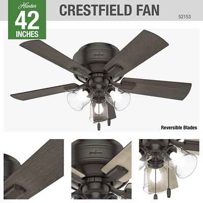 Image showing 6 th Hunter 42 in. 3-Speed Indoor Crestfield Low-Profile Ceiling Fan with LED Light Kit and Pull Chain, Bronze
