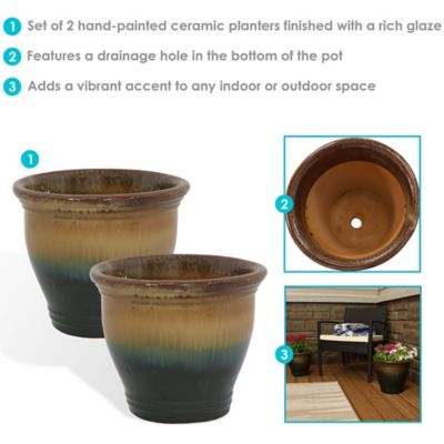 Image showing  Studio UV & Frost-Resistant Ceramic Outdoor Planter with Drainage Holes, 11 in. D, Forest Lake Green, 2 pk.