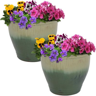 Sunnydaze Decor Studio UV and Frost-Resistant Ceramic Flower Planters with Drainage Holes - 9 in. Diameter - Seafoam - 2-Pack