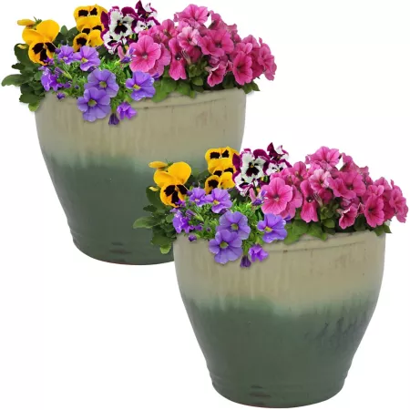 Sunnydaze Decor Studio UV and Frost Resistant Ceramic Planters with Drainage Holes 9" Diameter Seafoam 2 Pack Planters