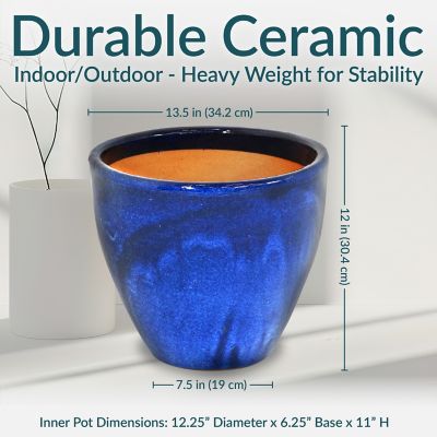 Image showing  Resort UV and Frost-Resistant Ceramic Outdoor Flower Pot Planter with Drainage Holes, 13 in. D, Imperial Blue