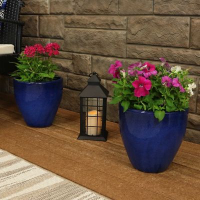 Image showing  Resort UV and Frost-Resistant Ceramic Outdoor Planters with Drainage Holes, 10 in. D, Imperial Blue, 2 pk.