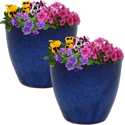 Sunnydaze Decor Resort UV- and Frost-Resistant Ceramic Outdoor Planters with Drainage Holes - 8 in. D, Imperial Blue - 2-Pack