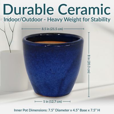 Image showing  Resort UV and Frost-Resistant Ceramic Outdoor Planters with Drainage Holes, 8 in. D, Imperial Blue, 2 pk.