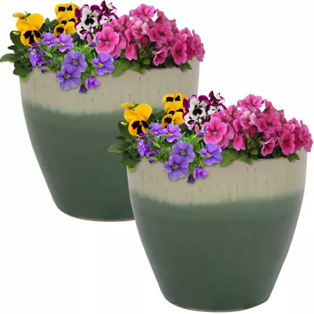 Sunnydaze Decor Resort Glazed Ceramic Outdoor and Indoor Planter with Drainage Holes 8" Deep Seafoam UV and Frost Resistant 2 Pack. Planters