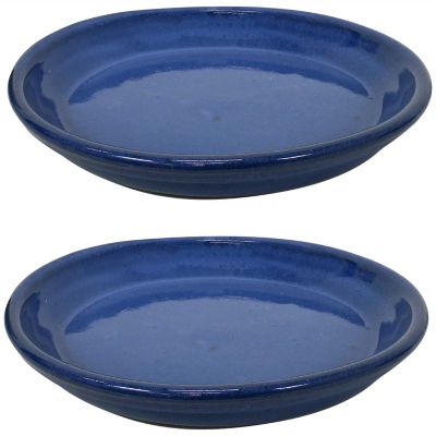 Sunnydaze Decor Glazed UV & Frost Resistant Ceramic Outdoor Flower Pot Planter Saucers, 9 in. D, Imperial Blue, 2-Pack