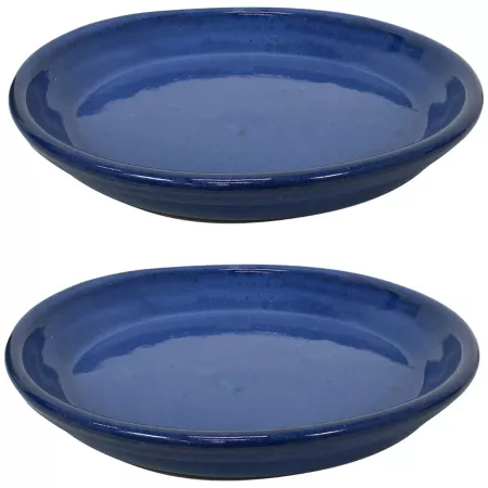 Sunnydaze Decor UV and Frost Resistant Glazed Ceramic Outdoor Planter Saucers 9 in D Imperial Blue 2-Pack Planters