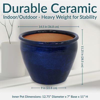 Image showing  Chalet Glazed UV & Frost-Resistant Ceramic Outdoor Planter with Drainage Holes, 15 in. D, Imperial Blue
