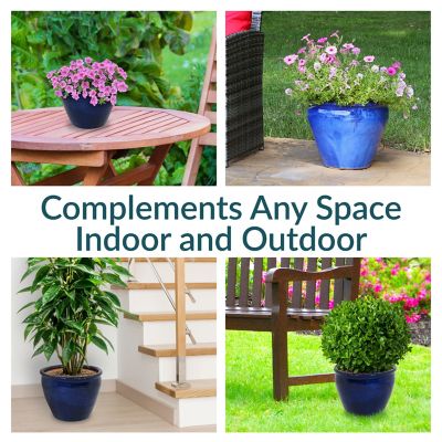 Image showing 7 th Sunnydaze Decor Chalet Glazed UV & Frost-Resistant Ceramic Outdoor Planter with Drainage Holes, 15 in. D, Imperial Blue