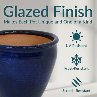 Image showing 8 th Sunnydaze Decor Chalet Glazed UV & Frost-Resistant Ceramic Outdoor Planter with Drainage Holes, 15 in. D, Imperial Blue