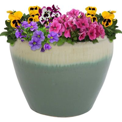 Sunnydaze Decor Chalet Glazed UV & Frost-Resistant Ceramic Outdoor Flower Pot Planter with Drainage Holes, 15 in. D, Seafoam