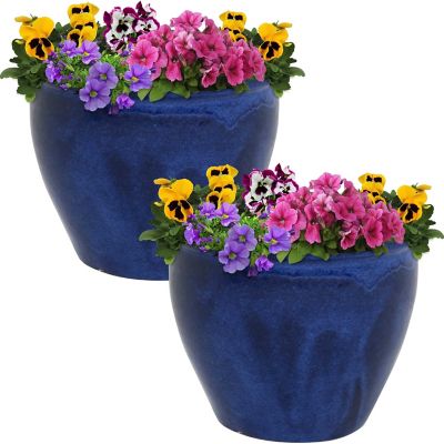 Sunnydaze Decor Chalet High-Fired Glazed UV-Frost-Resistant Ceramic Outdoor Planters with Drainage Holes, 12 in. D, Blue, 2 pk.