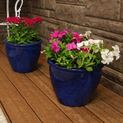 Image showing  Chalet High-Fired Glazed UV Frost-Resistant Ceramic Outdoor Planters with Drainage Holes, 12 in. D, Blue, 2 pk.