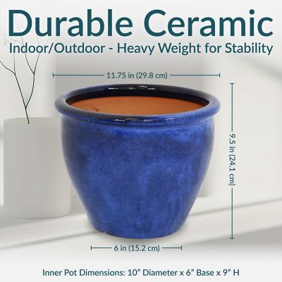 Image showing  Chalet High-Fired Glazed UV Frost-Resistant Ceramic Outdoor Planters with Drainage Holes, 12 in. D, Blue, 2 pk.