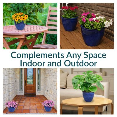 Image showing  Chalet High-Fired Glazed UV Frost-Resistant Ceramic Outdoor Planters with Drainage Holes, 12 in. D, Blue, 2 pk.