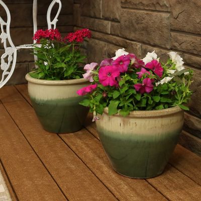 Image showing  Chalet UV & Frost-Resistant Ceramic Outdoor Flower Planter with Drainage Holes, 12 in. D, Seafoam, 2 pk.