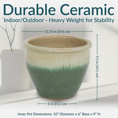 Image showing  Chalet UV & Frost-Resistant Ceramic Outdoor Flower Planter with Drainage Holes, 12 in. D, Seafoam, 2 pk.