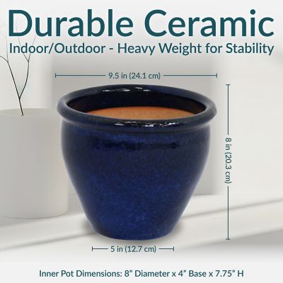 Image showing  Chalet High-Fired Glazed Ceramic Planter - 9 in. Diameter - Imperial Blue - UV & Frost-Resistant, 2 pk.