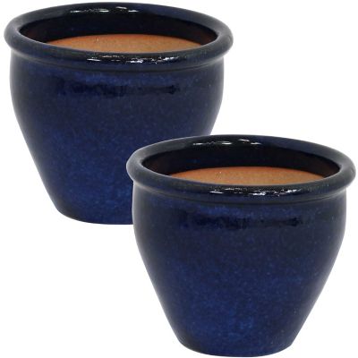 Image showing 5 th Sunnydaze Decor Chalet High-Fired Glazed Ceramic Planter, 9 in. Diameter, Imperial Blue, UV & Frost-Resistant, 2 pk.