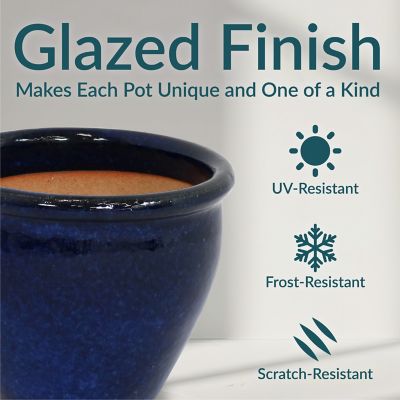 Image showing 6 th Sunnydaze Decor Chalet High-Fired Glazed Ceramic Planter, 9 in. Diameter, Imperial Blue, UV & Frost-Resistant, 2 pk.