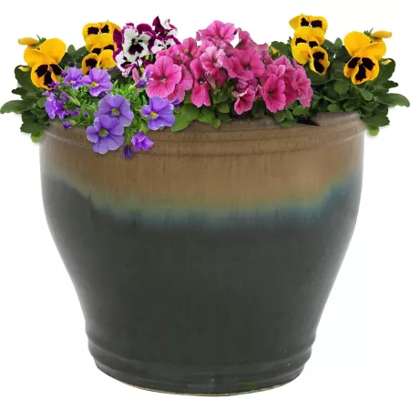 Sunnydaze Decor Studio Outdoor UV and Frost Resistant Ceramic Planter with Drainage Holes 15" Deep Forest Lake Green Planters