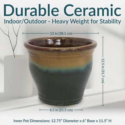 Image showing  Studio High-Fired UV & Frost-Resistant Ceramic Outdoor Planter with Drainage Holes, 15 in. D, Forest Lake Green