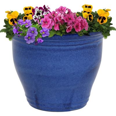 Sunnydaze Decor Studio UV- and Frost-Resistant Ceramic Outdoor Flower Pot Planter with Drainage Holes -15 in. D, Imperial Blue