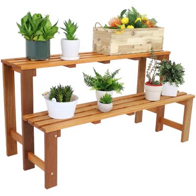 Sunnydaze Decor 2-Tier Meranti Wood Plant Stand with Teak Oil Finish