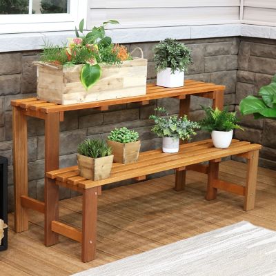 Image showing  2-Tier Meranti Wood Plant Stand with Teak Oil Finish