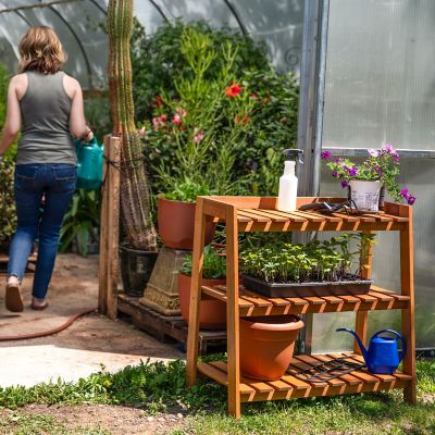 Image showing 5 th Sunnydaze Decor Meranti Wooden Garden Shelf with Teak Oil Finish, 18 in. x 36 in. x 34.5 in.