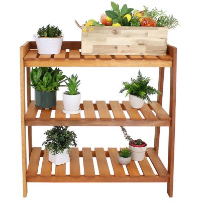 Image showing 6 th Sunnydaze Decor Meranti Wooden Garden Shelf with Teak Oil Finish, 18 in. x 36 in. x 34.5 in.