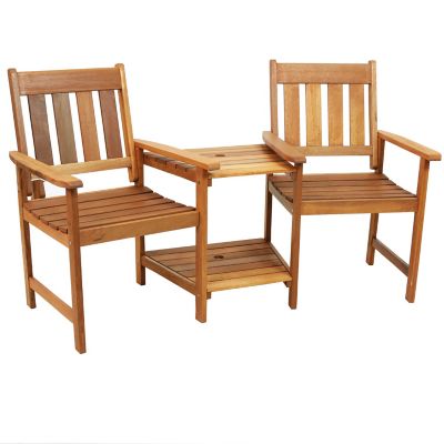 Sunnydaze Decor Outdoor Meranti Wood with Teak Oil Finish Jack-and-Jill Patio Chairs with Attached Table - Brown