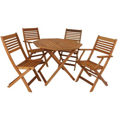 Sunnydaze Decor Outdoor Meranti Wood with Teak Oil Finish Folding Patio Dining Table and Chairs - Brown - 5pc