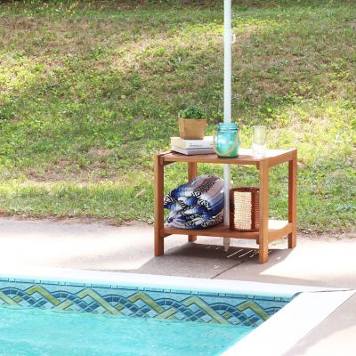 Image showing  Outdoor Meranti Rectangular Wood with Teak Oil Finish Wooden Patio Accent Side Table, Lower Shelf, 20 in., Brown