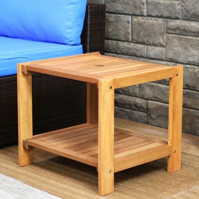 Image showing  Outdoor Meranti Rectangular Wood with Teak Oil Finish Wooden Patio Accent Side Table, Lower Shelf, 20 in., Brown