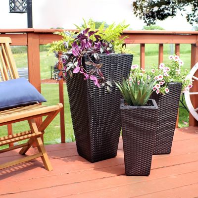 Image showing 8 th Sunnydaze Decor 6 gal. Polyrattan Decorative Square Basket-Style Planters, 9 in., 11.5 in., and 14.75 in. Square, Black, 3 pk.