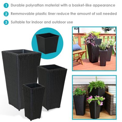 Image showing 9 th Sunnydaze Decor 6 gal. Polyrattan Decorative Square Basket-Style Planters, 9 in., 11.5 in., and 14.75 in. Square, Black, 3 pk.