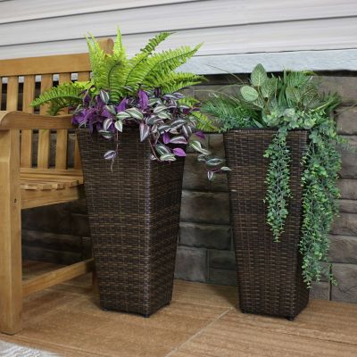 Image showing  Modern Decorative Standing Square Polyrattan Planter Containers, 24 in. Tall, Brown, 2-Pack