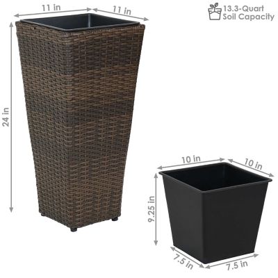 Image showing  Modern Decorative Standing Square Polyrattan Planter Containers, 24 in. Tall, Brown, 2-Pack
