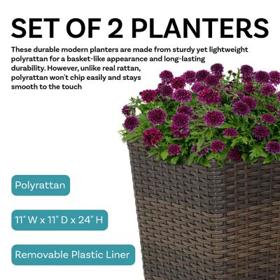 Image showing  Modern Decorative Standing Square Polyrattan Planter Containers, 24 in. Tall, Brown, 2-Pack